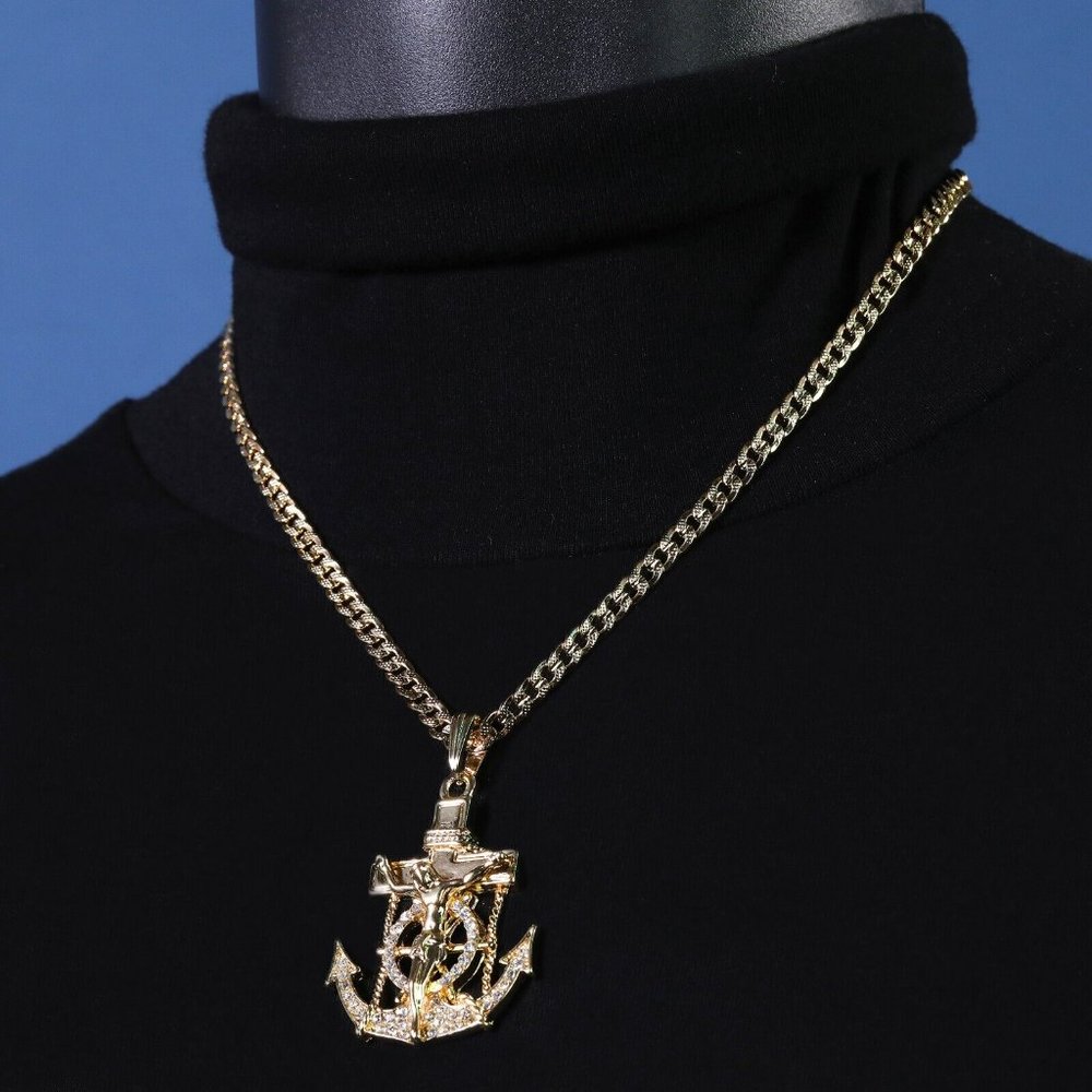 14k Gold Jesus Anchor Pendant + Necklace